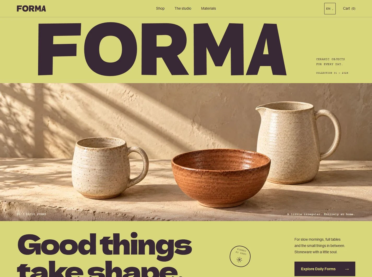 FORMA ceramics store: a bold plum wordmark, quince-yellow canvas and sunlit Oat and Clay stoneware.
