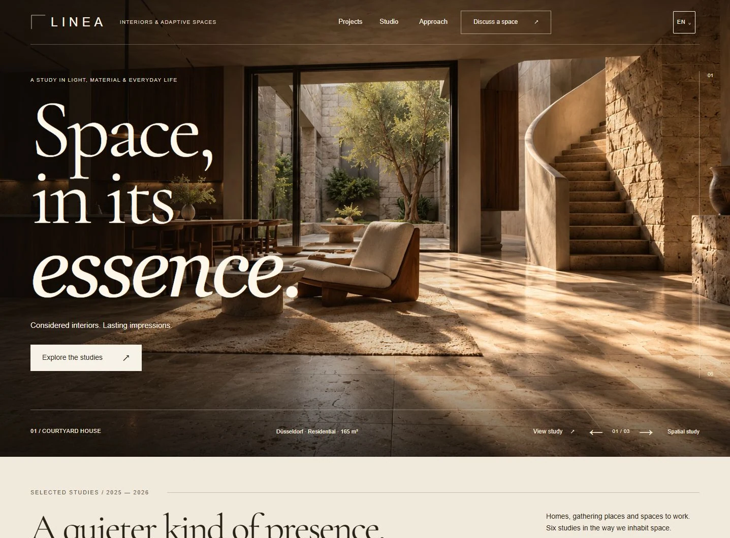 LINEA architecture portfolio: monumental typography over a sunlit limestone interior with a planted courtyard and curved stair