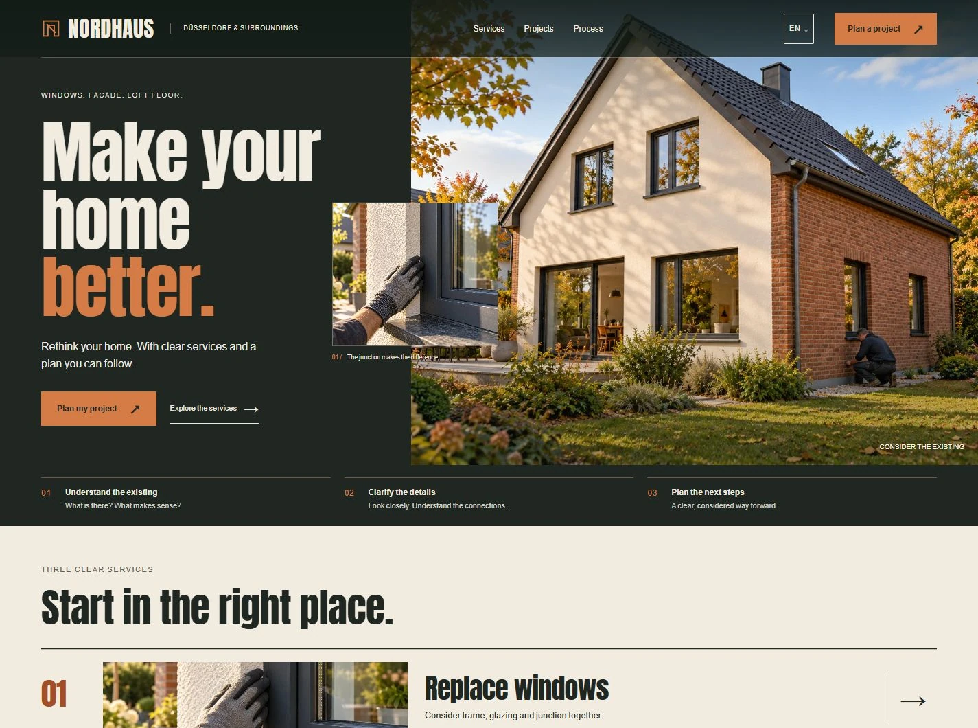 NORDHAUS renovation website: monumental condensed typography, graphite and copper, an existing brick-and-render home and an overlapping window detail