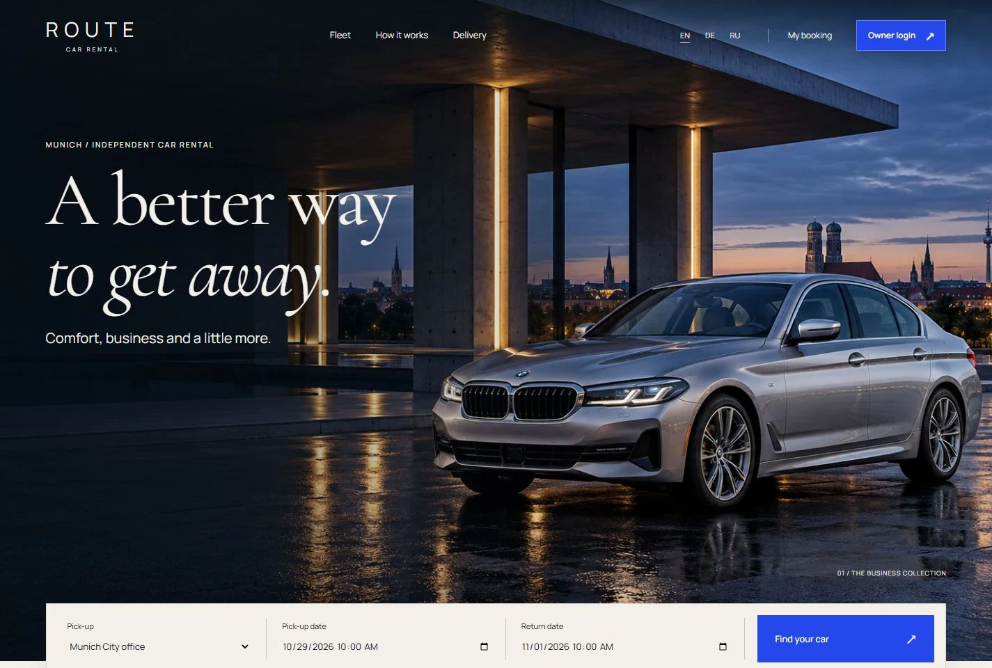 ROUTE car rental website: a silver sedan in a lit architectural pavilion, editorial serif typography and cobalt-blue booking controls