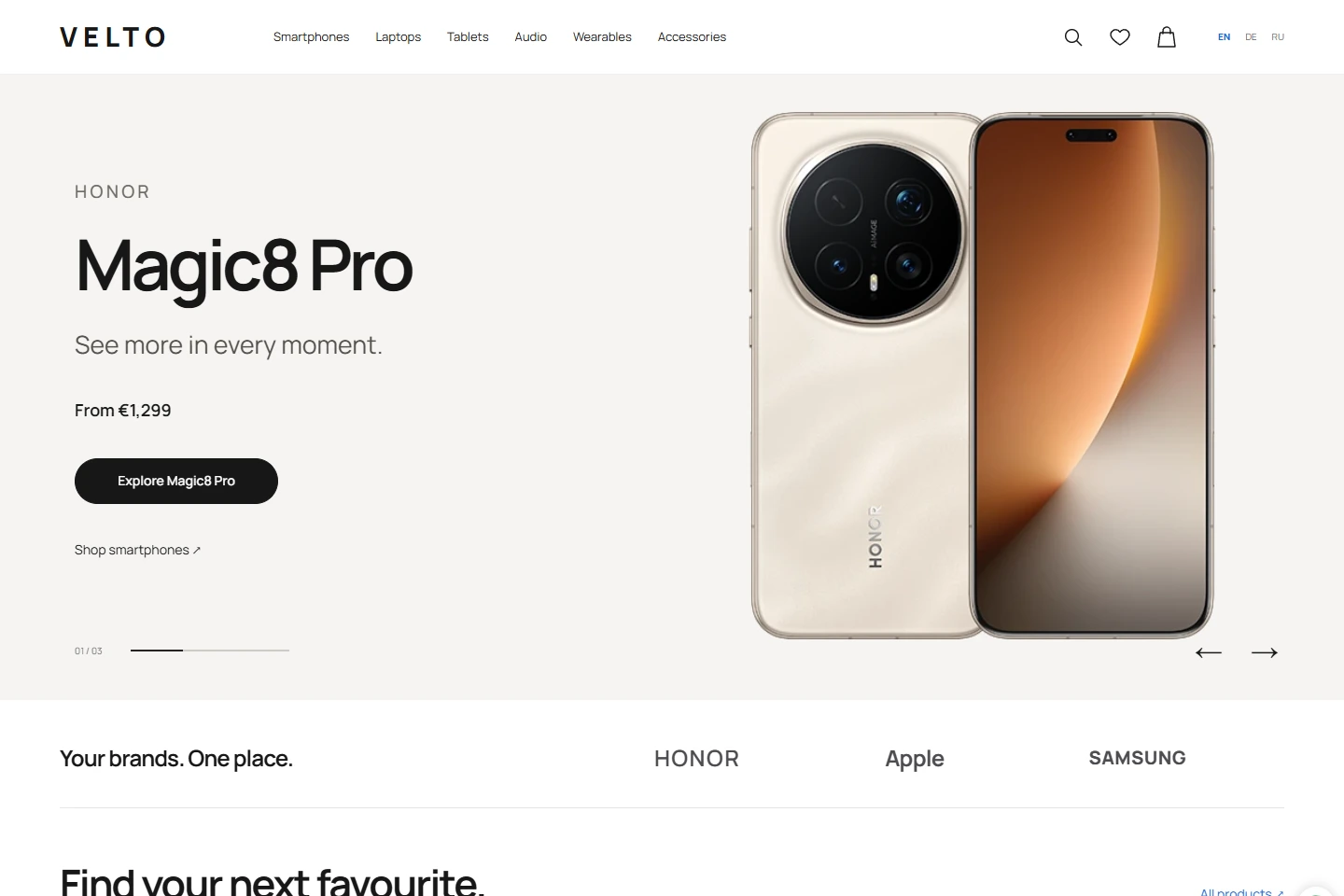 VELTO electronics store: spacious warm-white layout, black typography and a large gold HONOR Magic8 Pro on the first screen.