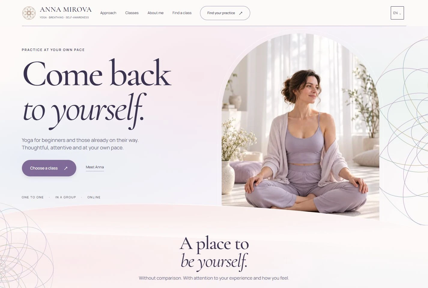 Anna Mirova yoga website: an arched portrait, soft pastel background, expressive serif lettering and an airy mandala drawn with coloured outlines