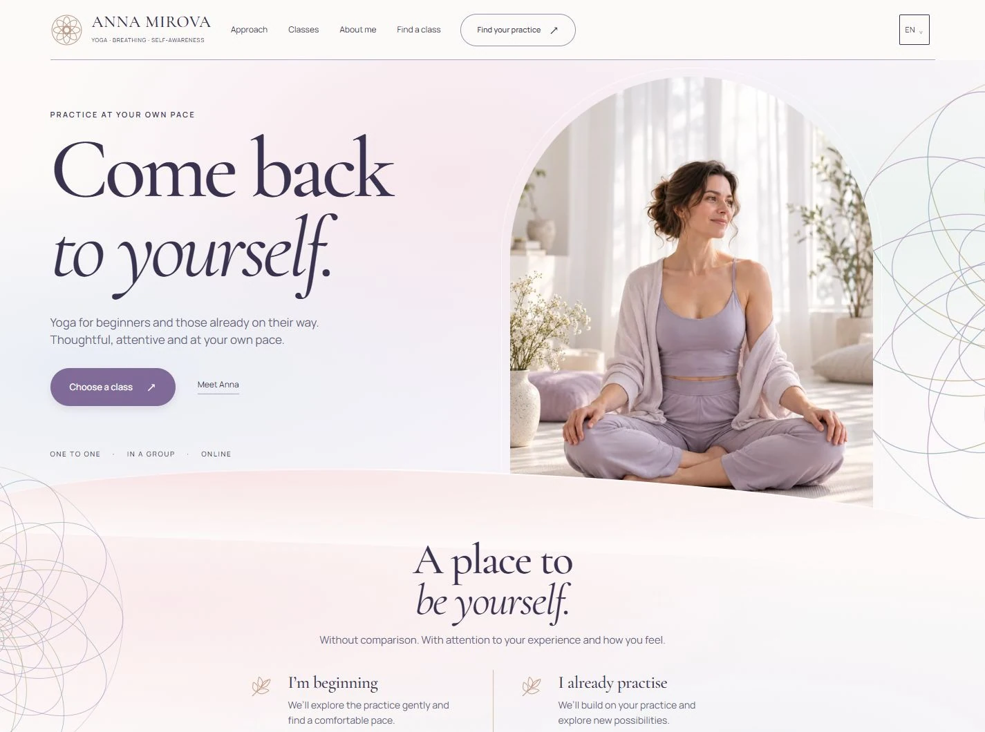 Anna Mirova yoga website: an arched portrait, soft pastel background, expressive serif lettering and an airy mandala drawn with coloured outlines